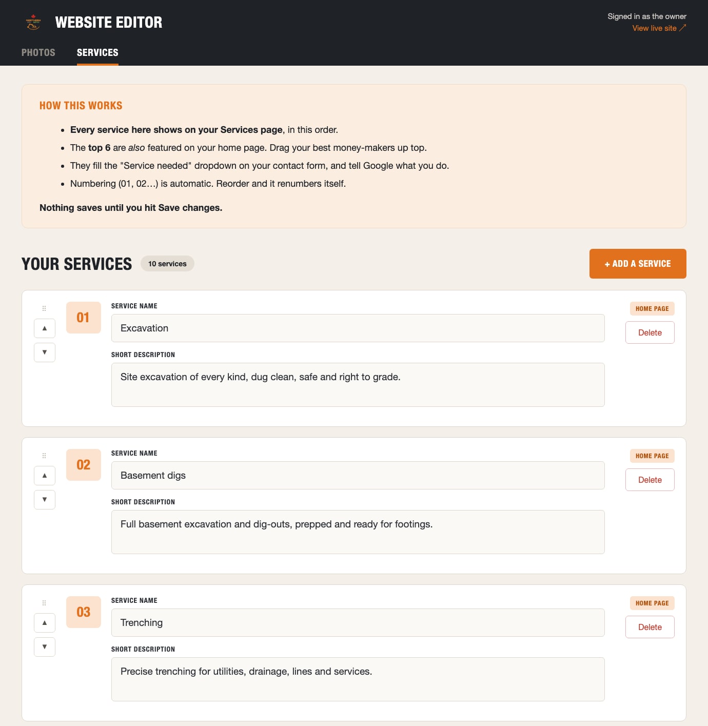 The Website Editor services tab, listing numbered services with name and short description fields, a HOME PAGE badge on the top entries, and an Add a service button.